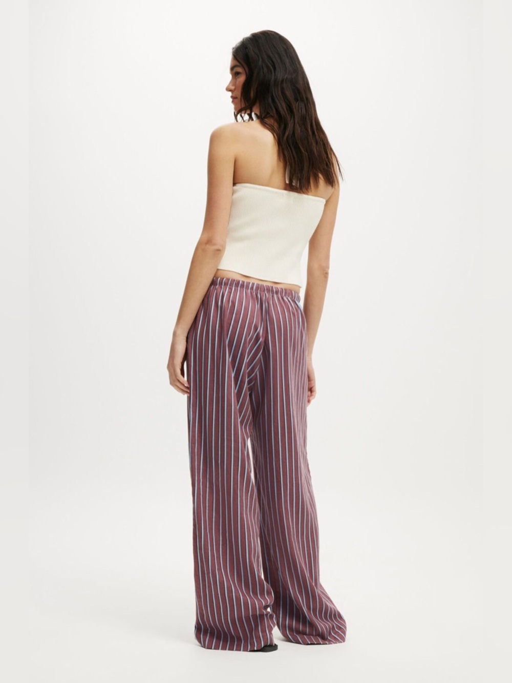 PrettyLittleThing Burgundy & White Vertical Stripe Wide Leg Pants - Picture 3 of 6